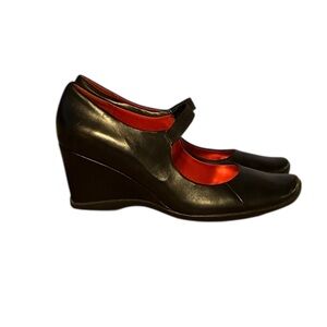 Kenneth Cole Reaction Thrill Black Leather Mary Jane Wedge Shoes